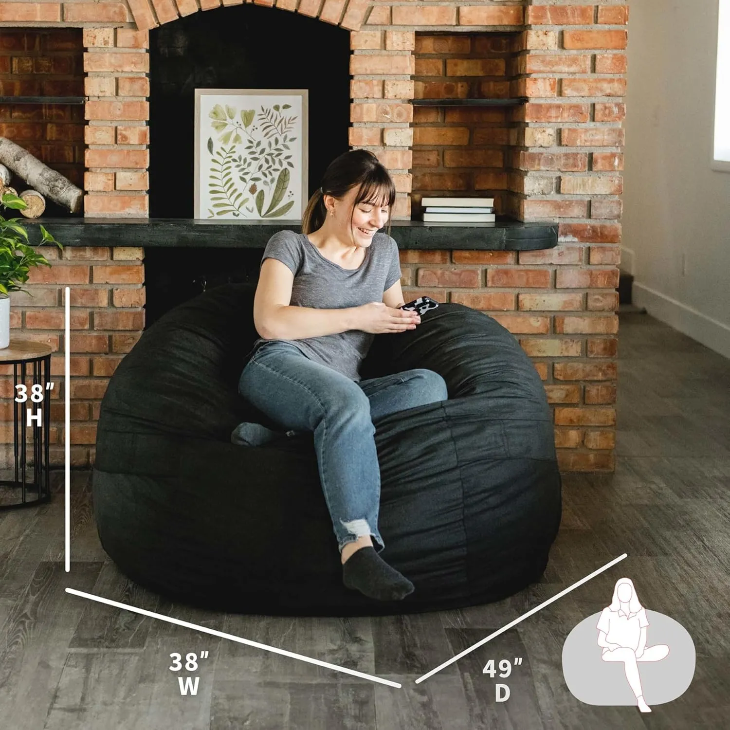 Big Joe Fuf Large Foam Filled Bean Bag Chair with Removable Cover, Black Lenox, Durable Woven Polyester, 4 feet Big