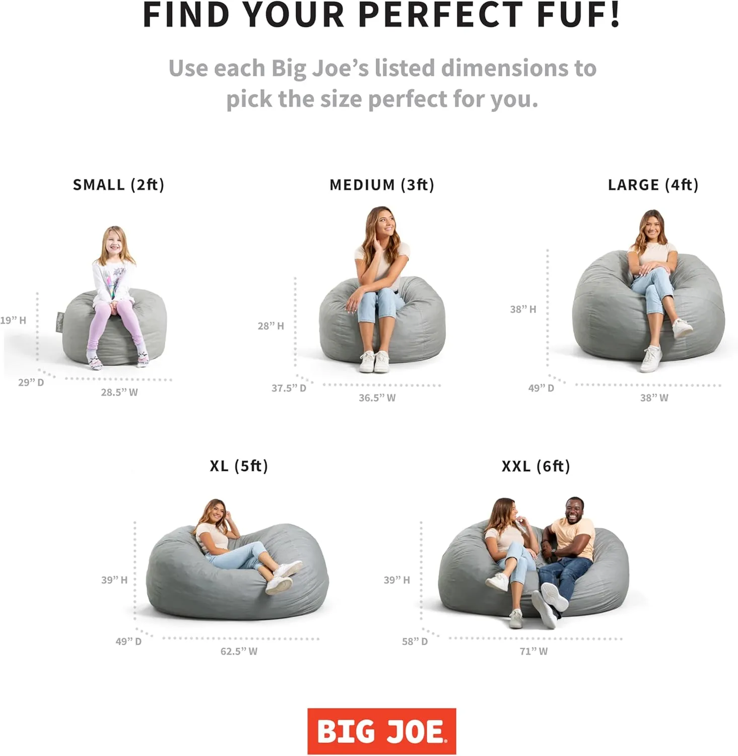 Big Joe Fuf Large Foam Filled Bean Bag Chair with Removable Cover, Black Lenox, Durable Woven Polyester, 4 feet Big