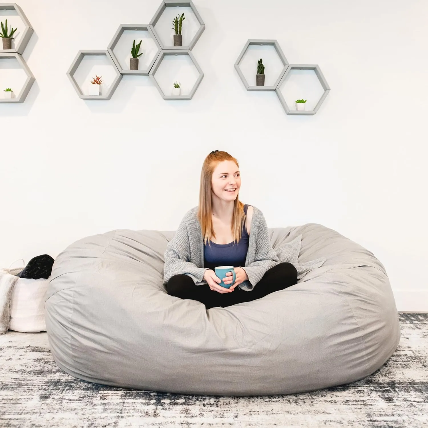 Big Joe Fuf XXL Foam Filled Bean Bag Chair with Removable Cover, Fog Lenox, Durable Woven Polyester, 6 feet Giant