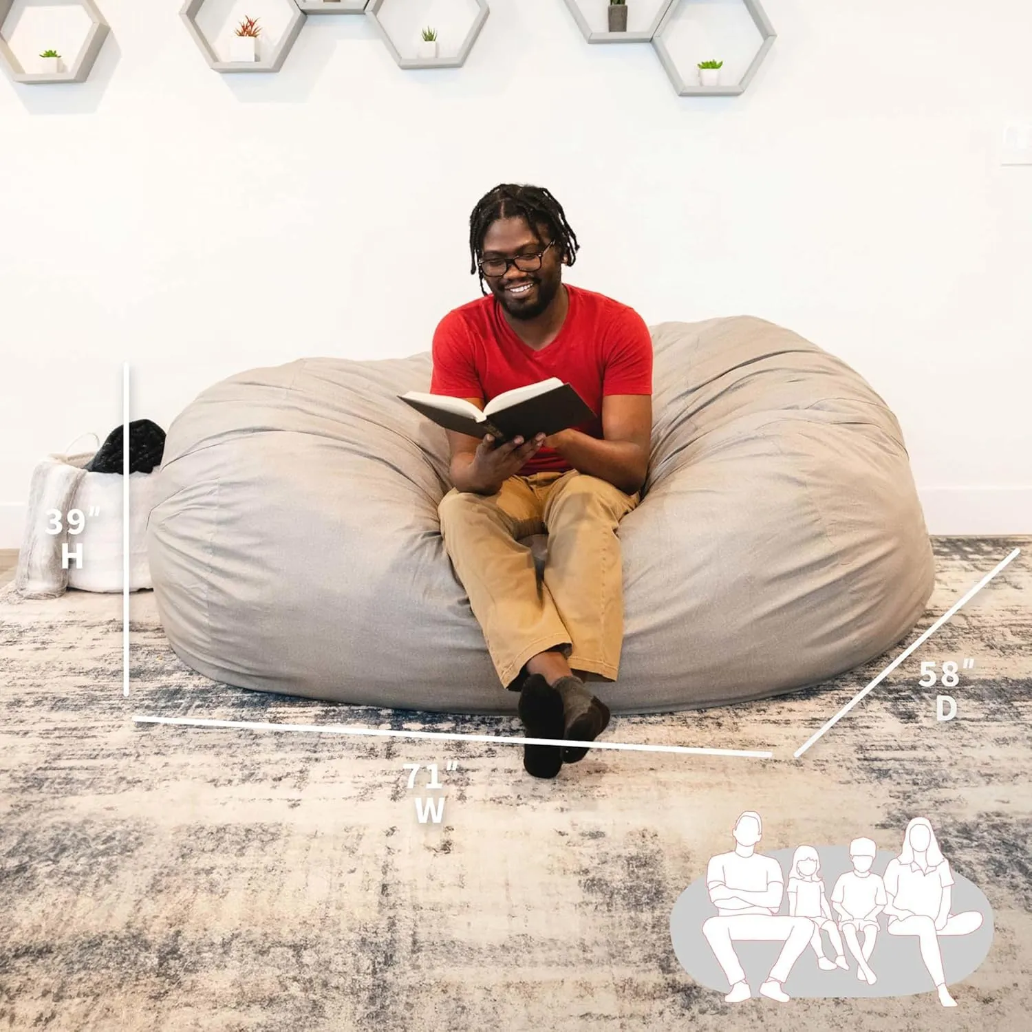Big Joe Fuf XXL Foam Filled Bean Bag Chair with Removable Cover, Fog Lenox, Durable Woven Polyester, 6 feet Giant