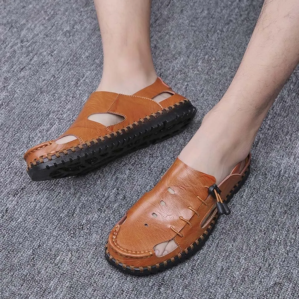 Bitiger Mens Closed Toe Leather Sandals Outdoor Adjustable Fisherman Sandals