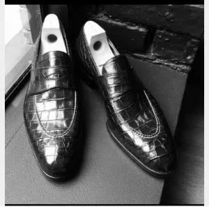 Black Crocodile Patterned Leather Dress Shoes for Men