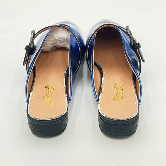 Blue Women Buckle Strap Mule Flats Backless Loafer Pointed Slip On Mule
