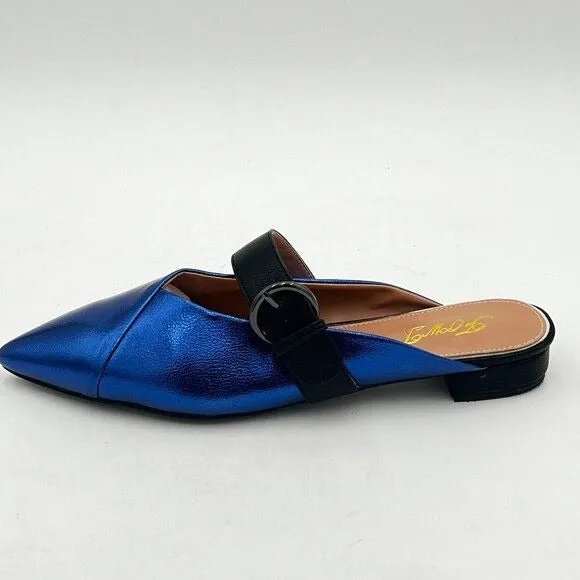 Blue Women Buckle Strap Mule Flats Backless Loafer Pointed Slip On Mule