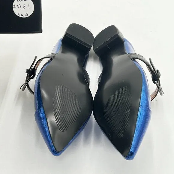 Blue Women Buckle Strap Mule Flats Backless Loafer Pointed Slip On Mule