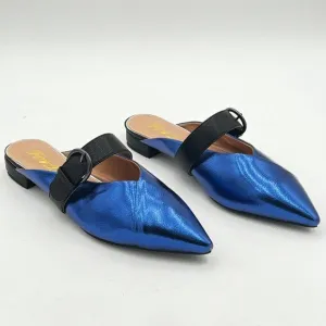 Blue Women Buckle Strap Mule Flats Backless Loafer Pointed Slip On Mule
