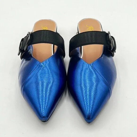 Blue Women Buckle Strap Mule Flats Backless Loafer Pointed Slip On Mule