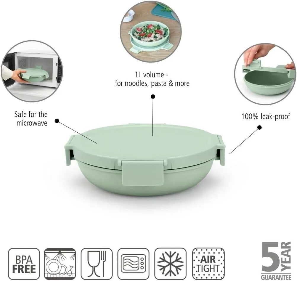 Brabantia Make & Take Lunch Bowl (Jade Green) 100% Leakproof, Convenient Flat Design, Microwave & Freezer Safe, Pasta, Noodles, Meal Prep Container