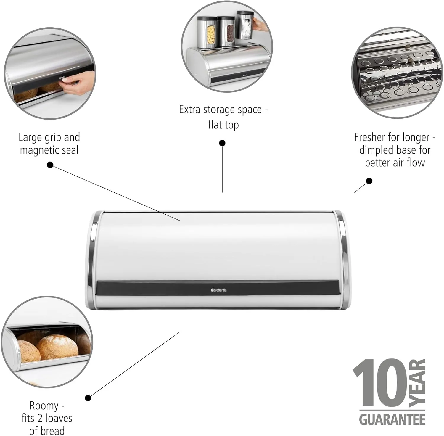 Brabantia Roll Top Bread Box – Large Countertop Storage Box for Bread, Bagels, Rolls – Space-Efficient Kitchen Design with Flat Top, Durable Metal – White