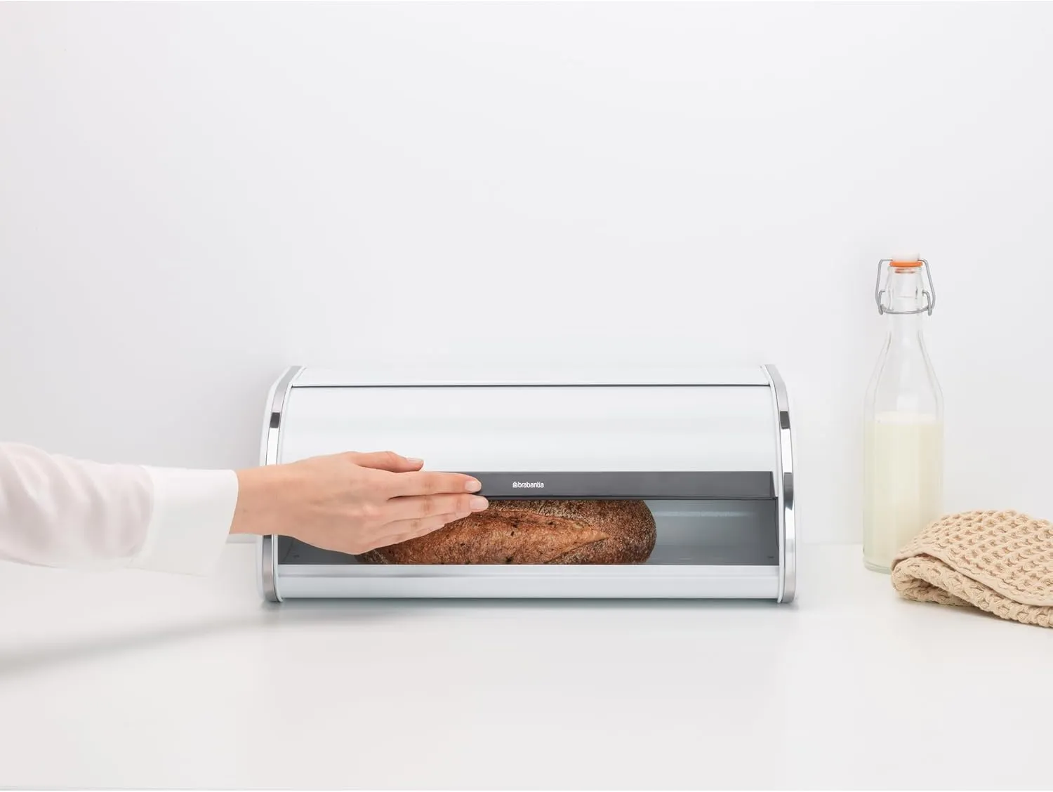 Brabantia Roll Top Bread Box – Large Countertop Storage Box for Bread, Bagels, Rolls – Space-Efficient Kitchen Design with Flat Top, Durable Metal – White