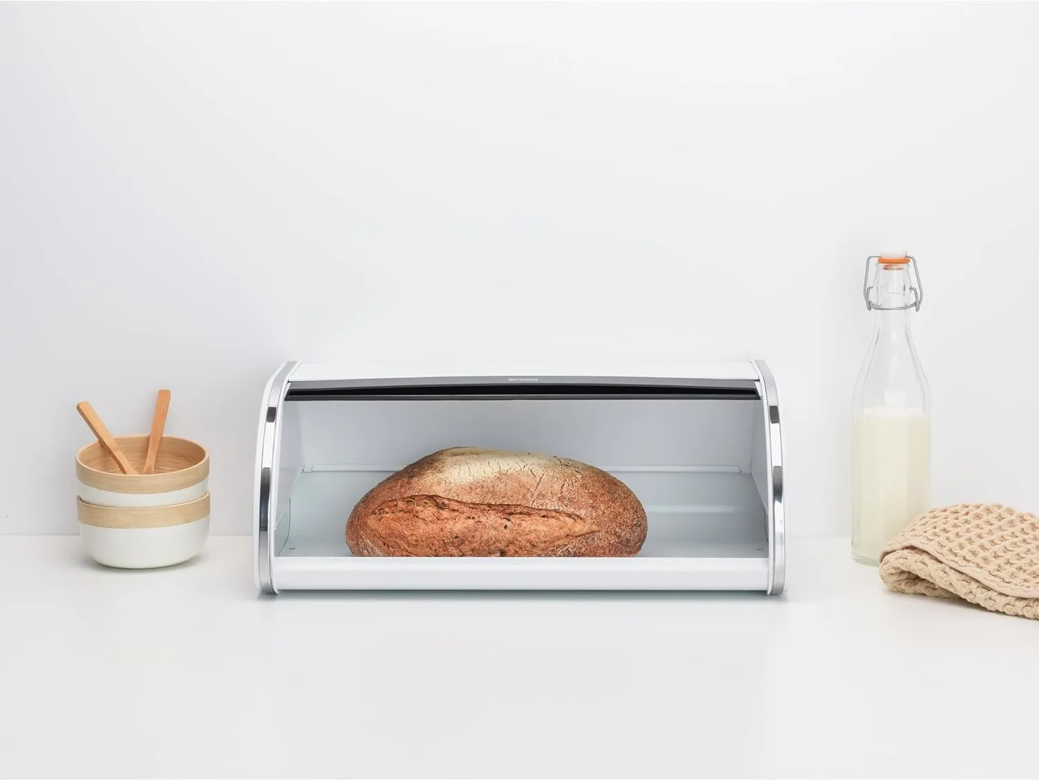 Brabantia Roll Top Bread Box – Large Countertop Storage Box for Bread, Bagels, Rolls – Space-Efficient Kitchen Design with Flat Top, Durable Metal – White