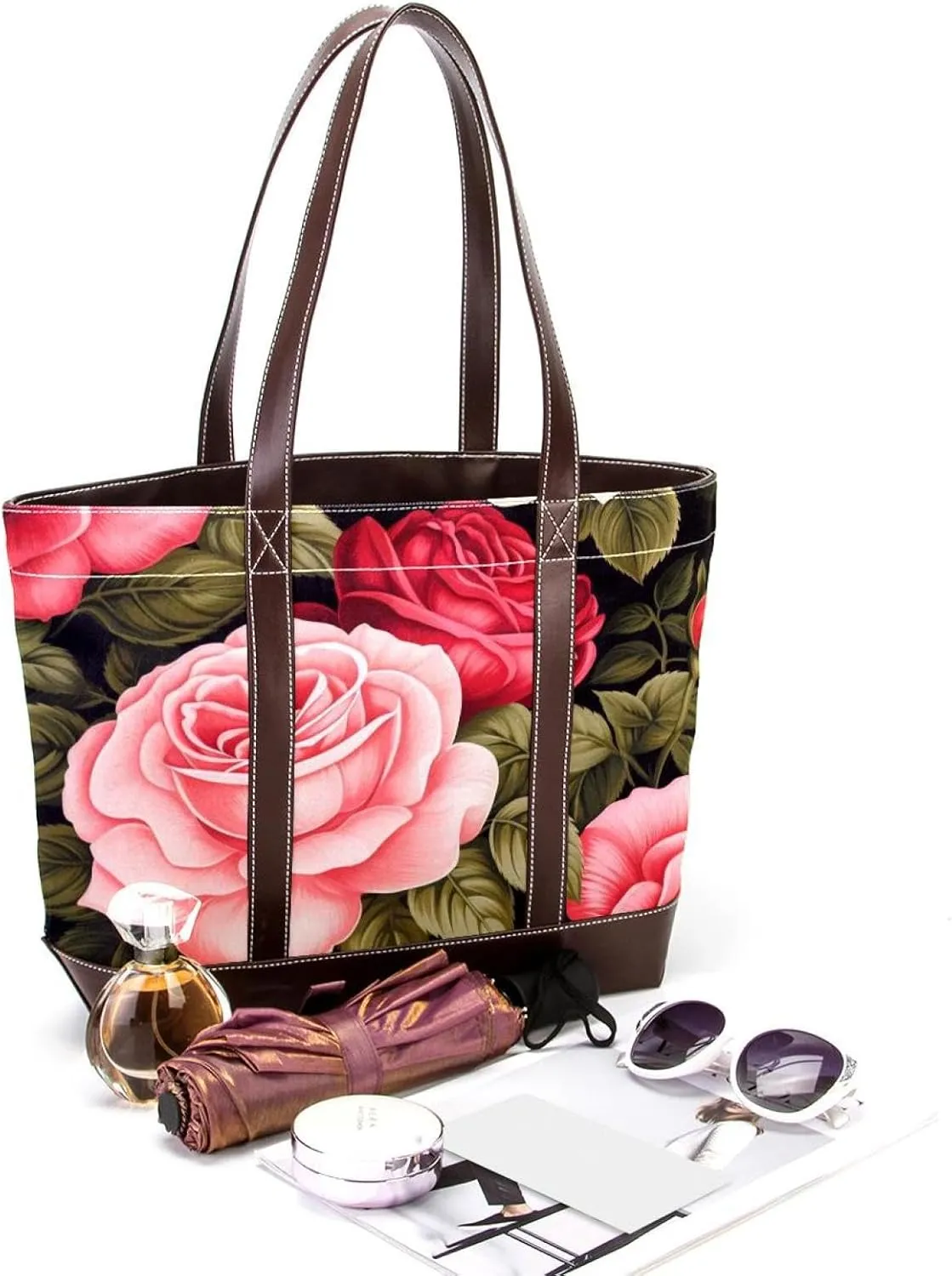 Bright Red Roses-947 Fashion Washed Durable Leather Purse Bag for Women Top Handle Ladies Shoulder Bags with Pockets Zipper