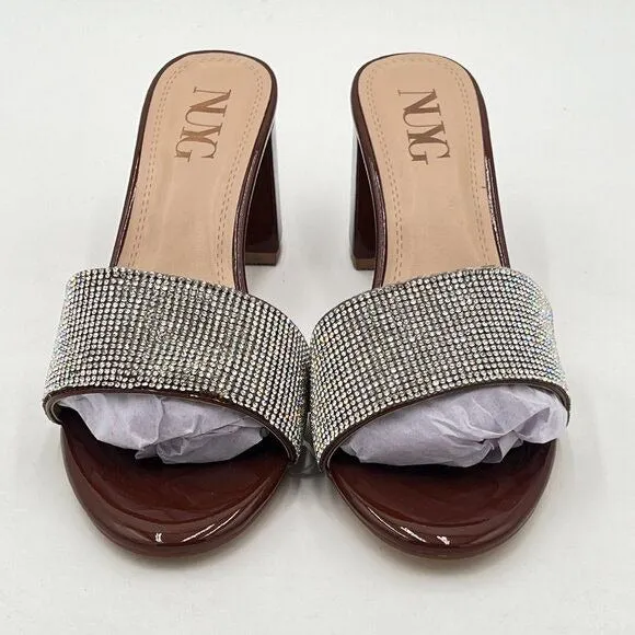 Brown Open Toe Rhinestones Mule Sandals Chunky Heel Slide Slipper Daily Shoes