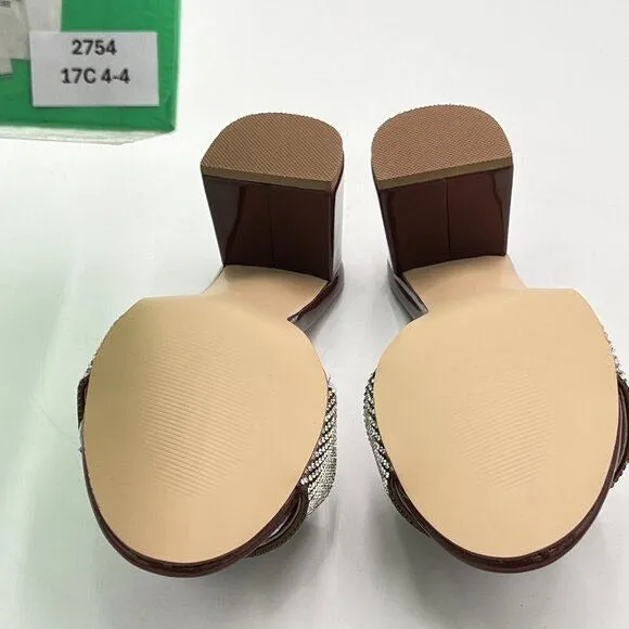 Brown Open Toe Rhinestones Mule Sandals Chunky Heel Slide Slipper Daily Shoes