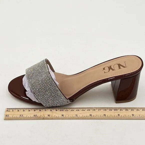 Brown Open Toe Rhinestones Mule Sandals Chunky Heel Slide Slipper Daily Shoes