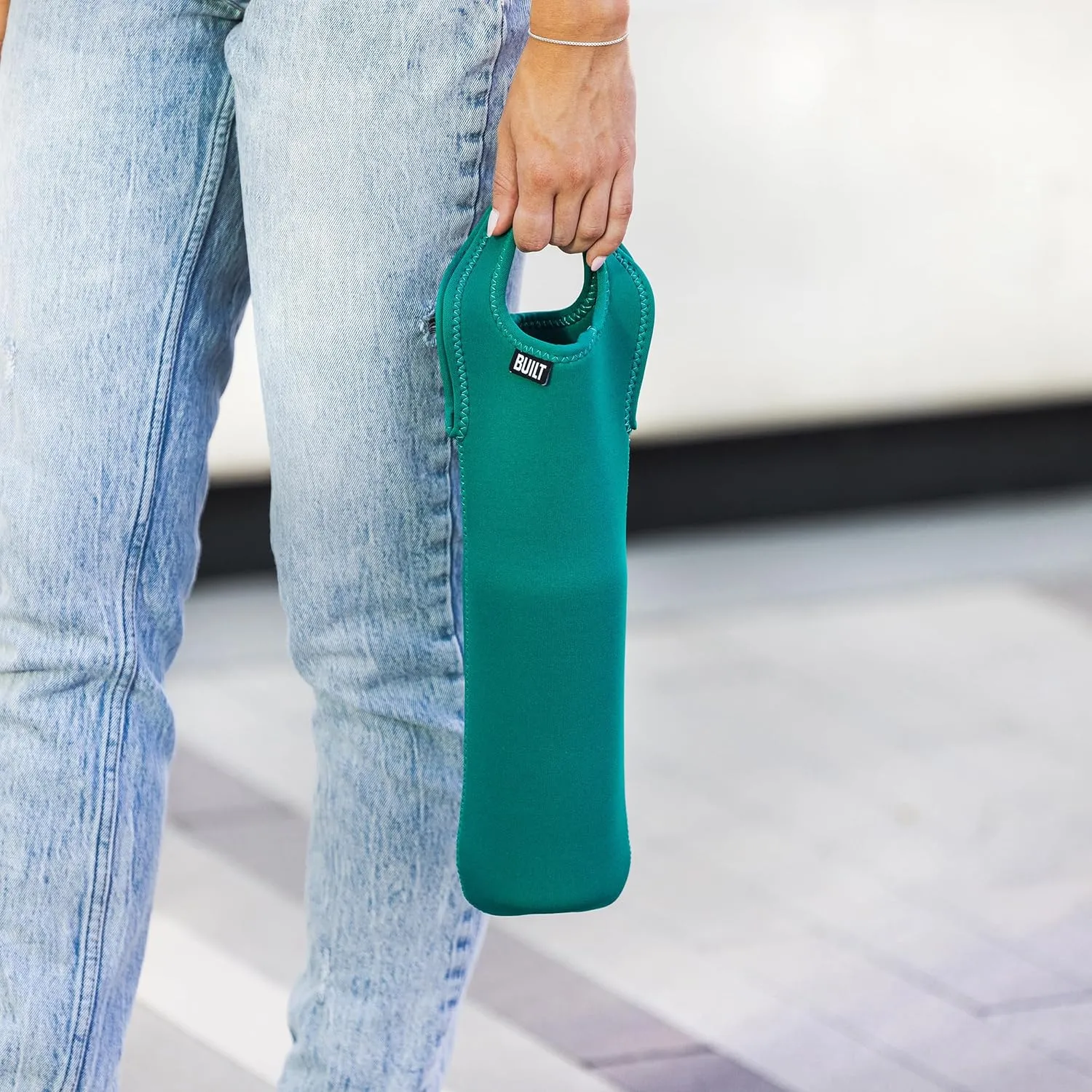 BUILT One Bottle Wine Tote, Stain, Tear, and Water Resistant, Insulated Bag For Protecting Wine Bottle While Carrying, Sea Green