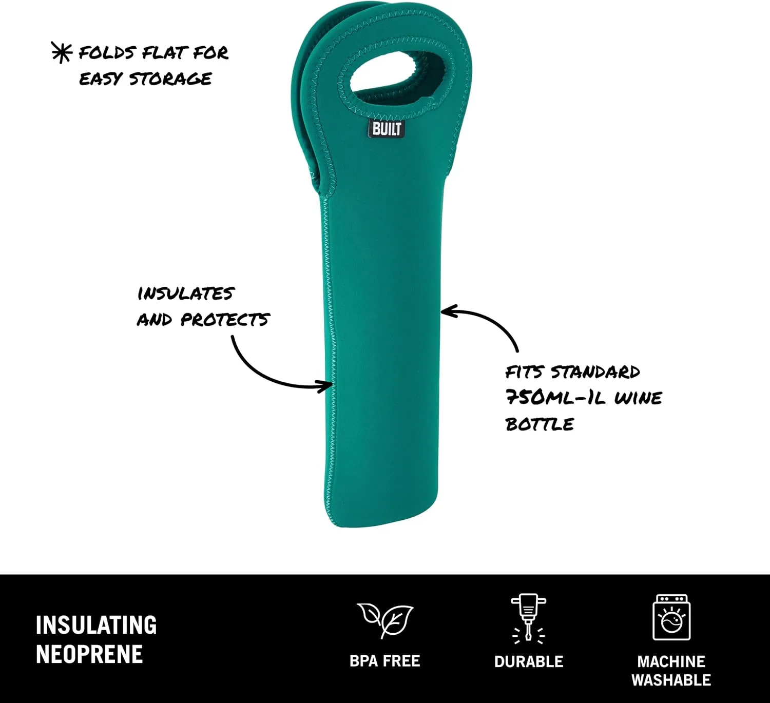 BUILT One Bottle Wine Tote, Stain, Tear, and Water Resistant, Insulated Bag For Protecting Wine Bottle While Carrying, Sea Green
