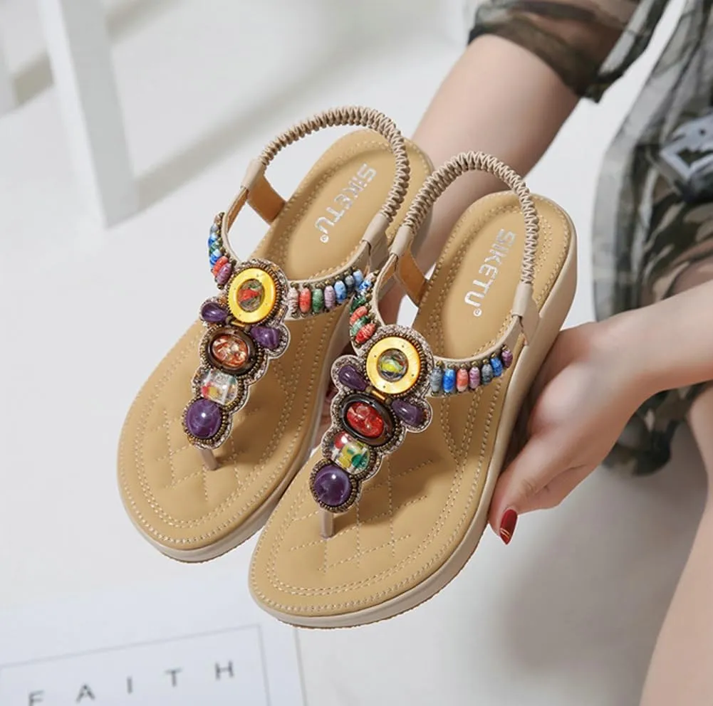 Caistre Wedge Sandals for Women Bohemian Summer Open Toe Beading Slide Sandal Beach Flip Flops Platform Shoes 2025