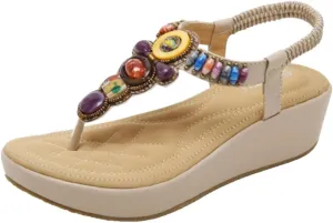 Caistre Wedge Sandals for Women Bohemian Summer Open Toe Beading Slide Sandal Beach Flip Flops Platform Shoes 2025
