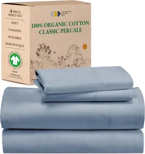California Design Den 100% Organic Cotton Sheets King - Cool and Crisp Percale Sheets King Size Set with Deep Pockets, Durable Bedding Set - Blue Hydrangea