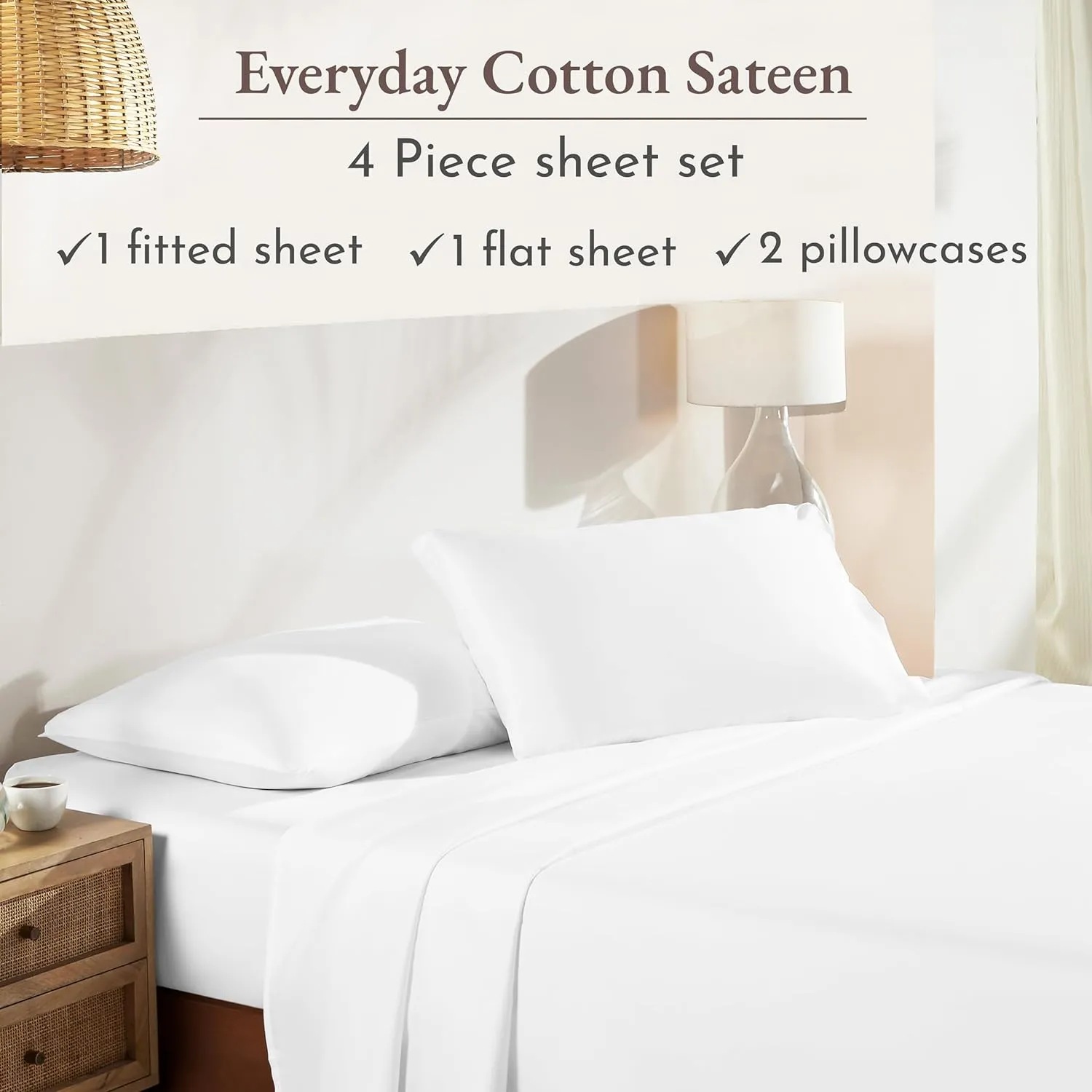 California Design Den Queen Sheet Set - Natural 100% Cotton Sheets Queen Size Bed Set with Deep Pockets, Soft Sateen Weave, Breathable, Cooling and Durable Bedding (White)