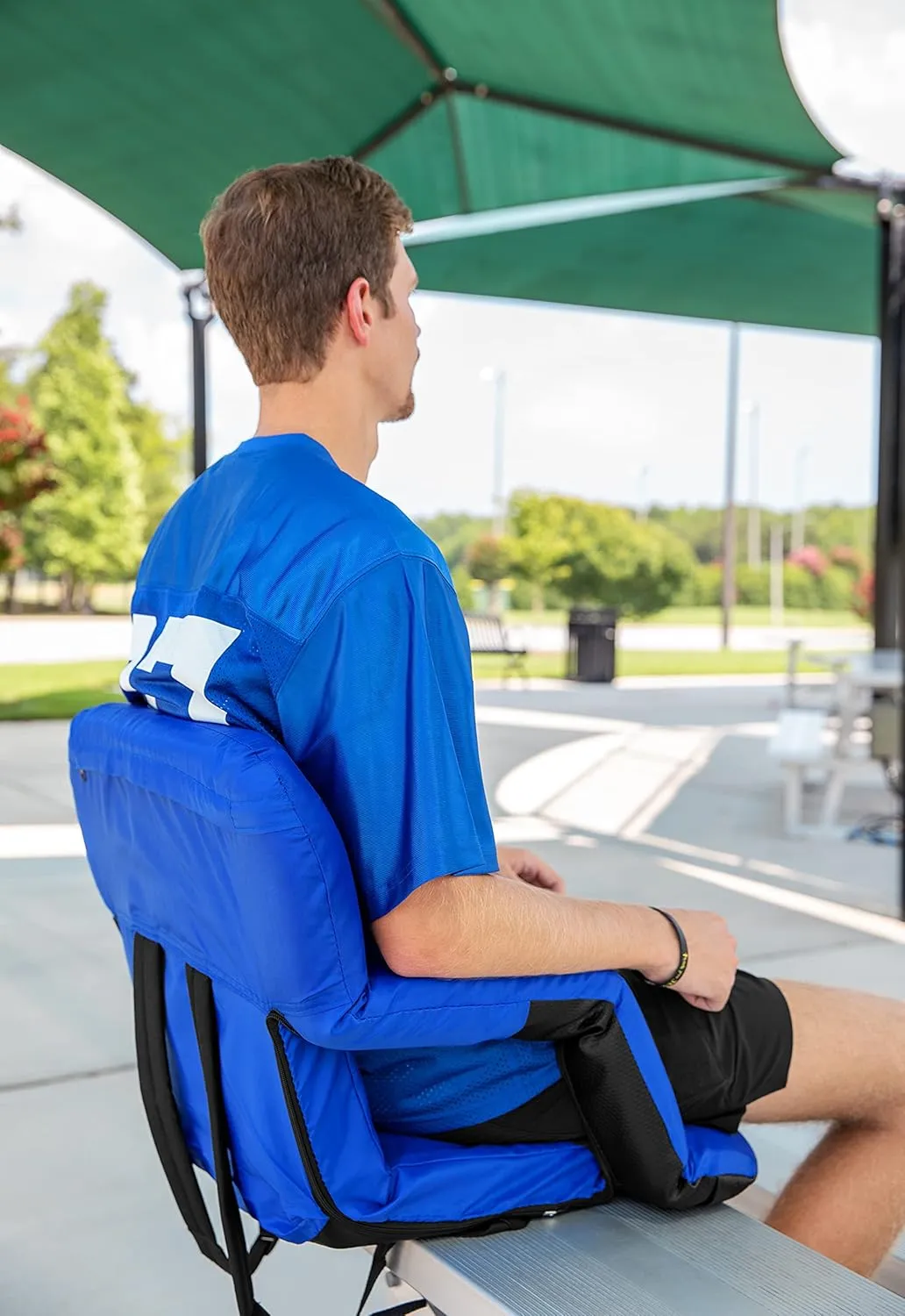 Camco Portable Stadium Seat | Steel Frame w/Padded Cushion Seat, Back Support & Armrests | Invertible Armrests for Wider Seat & Non-Skid Bottom | Great for Camping, RVing, Picnic & More | Blue (53095)