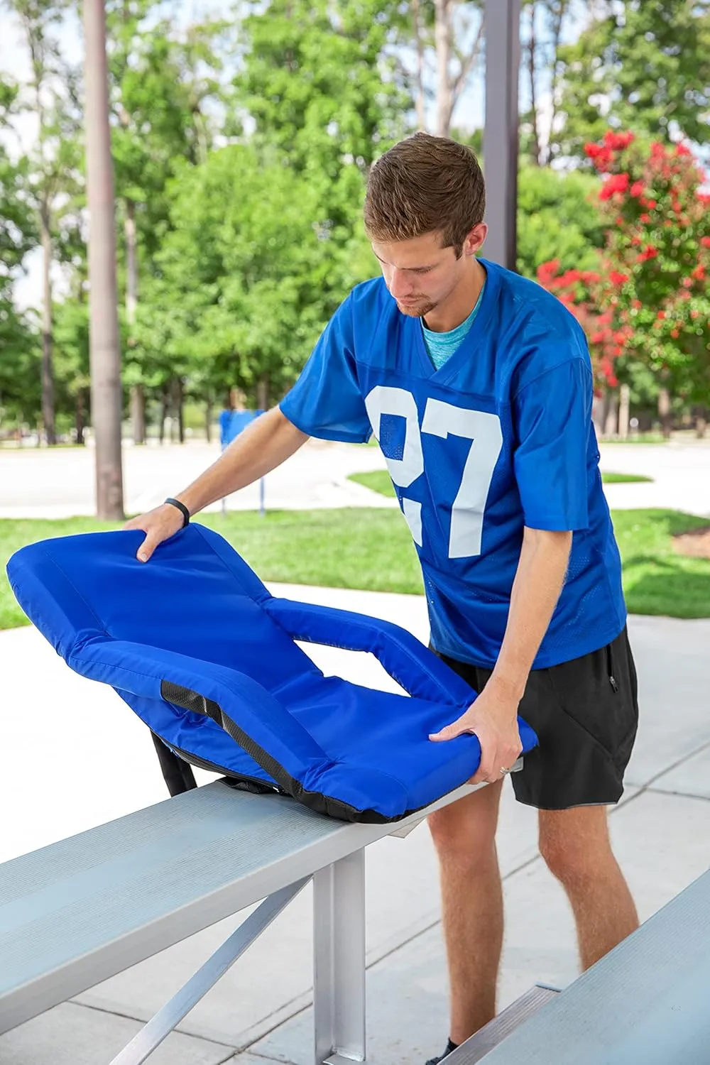 Camco Portable Stadium Seat | Steel Frame w/Padded Cushion Seat, Back Support & Armrests | Invertible Armrests for Wider Seat & Non-Skid Bottom | Great for Camping, RVing, Picnic & More | Blue (53095)