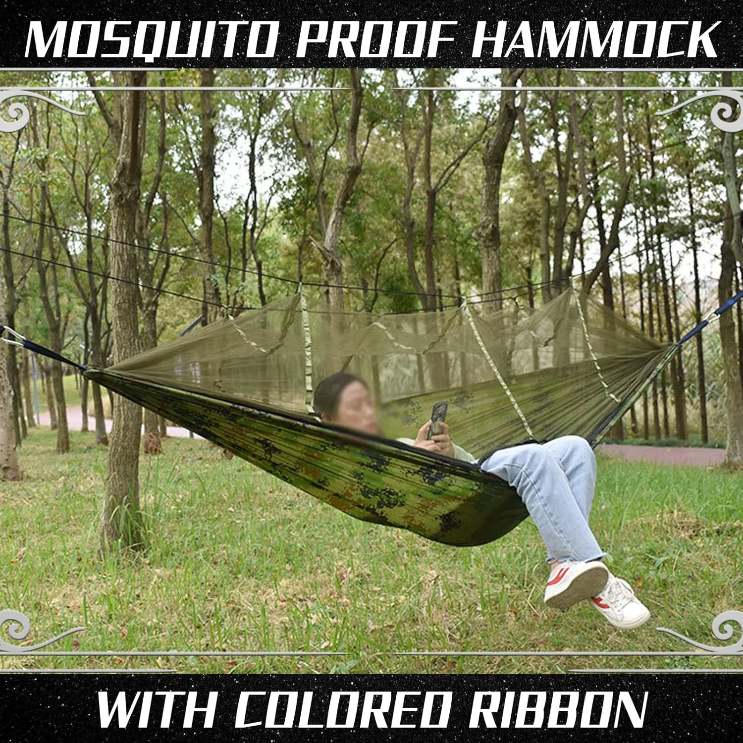 Camping Hammock with Mosquito Net - Ultra Lightweight Durable Double Travel Hammock 210T Parachute Nylon for Outdoor Camping Accessories-Camouflage
