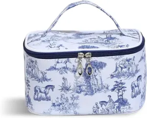 Chinoiserie Floral Makeup Bag - Durable & Portable Travel Cosmetic Organizer with Zipper, Blue and White Horse Design, Toiletry Bag for Women & Girls (Chinoiserie Makeup Organizer)