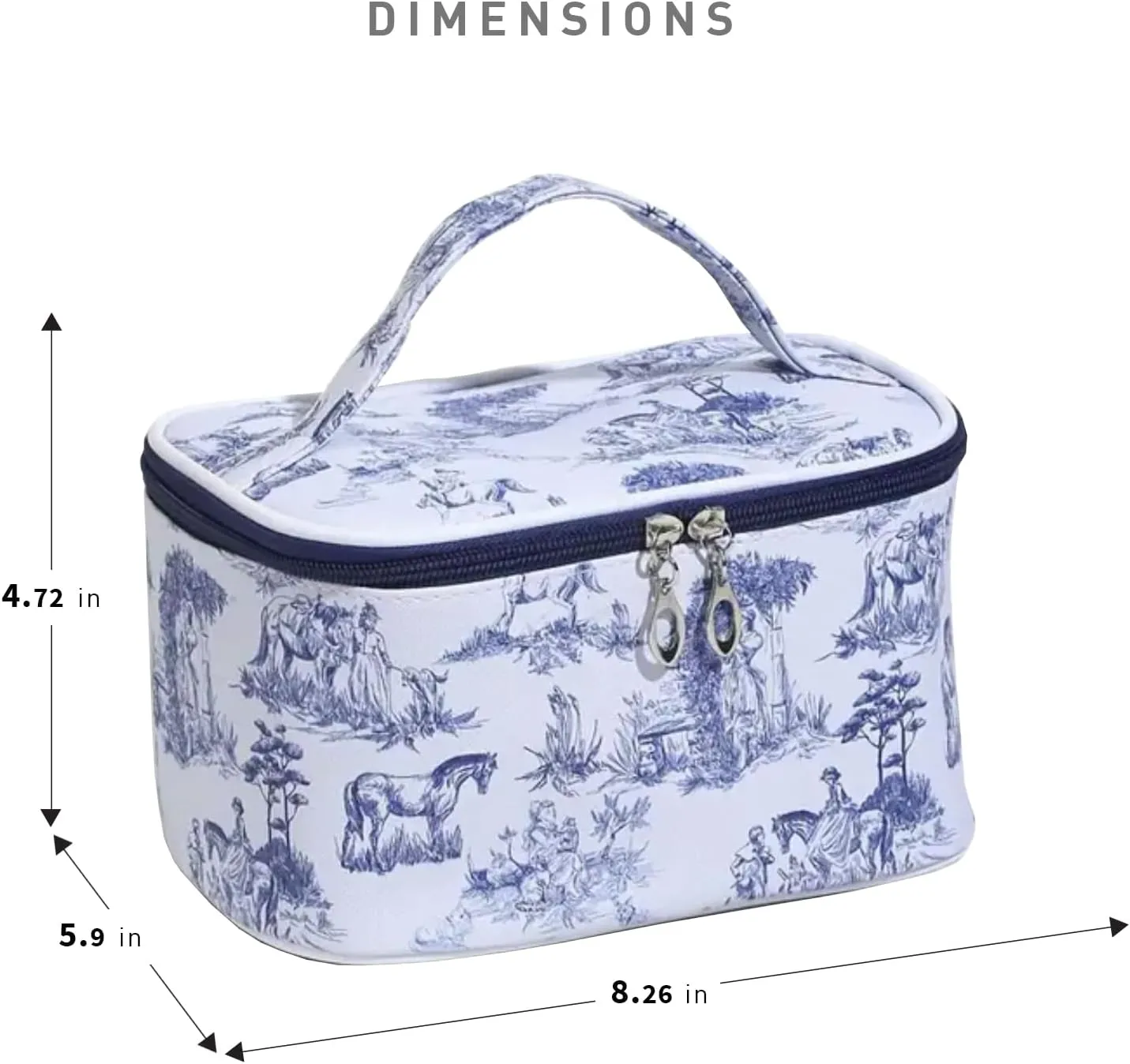 Chinoiserie Floral Makeup Bag - Durable & Portable Travel Cosmetic Organizer with Zipper, Blue and White Horse Design, Toiletry Bag for Women & Girls (Chinoiserie Makeup Organizer)