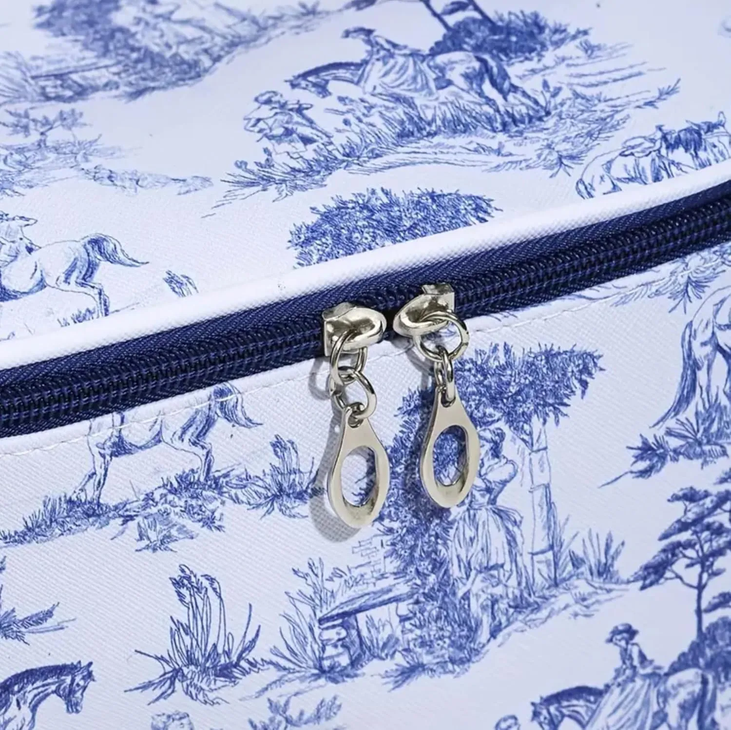 Chinoiserie Floral Makeup Bag - Durable & Portable Travel Cosmetic Organizer with Zipper, Blue and White Horse Design, Toiletry Bag for Women & Girls (Chinoiserie Makeup Organizer)