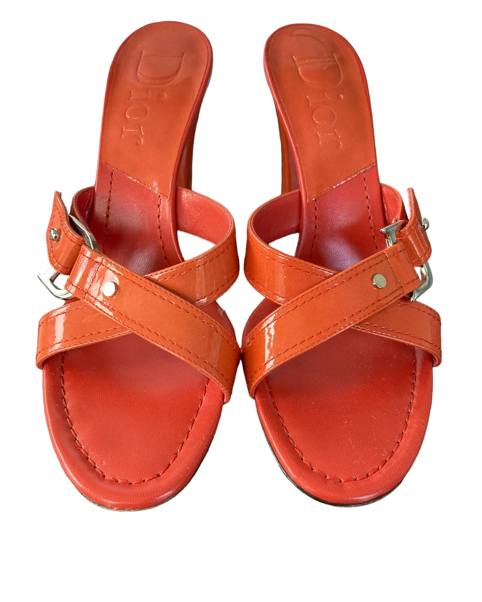 Christian Dior Vintage Orange Patent D Charm Sandals, 39.5