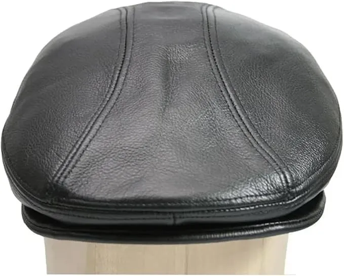Classic Men's Newsboy Cap, Cow Leather Ascot Cap Ivy Hat for Men, Gatsby Golf Hat Driver Cabbies Flat Driver Black