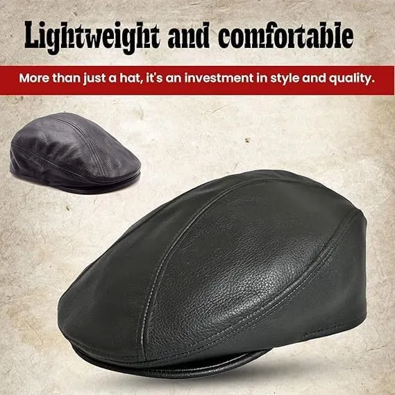 Classic Men's Newsboy Cap, Cow Leather Ascot Cap Ivy Hat for Men, Gatsby Golf Hat Driver Cabbies Flat Driver Black