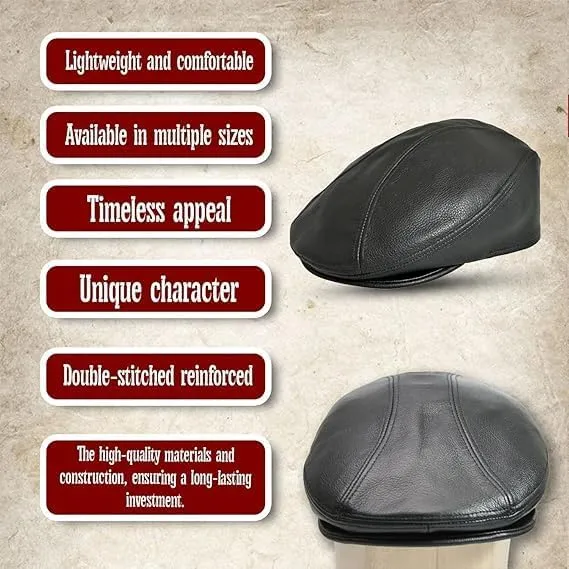 Classic Men's Newsboy Cap, Cow Leather Ascot Cap Ivy Hat for Men, Gatsby Golf Hat Driver Cabbies Flat Driver Black