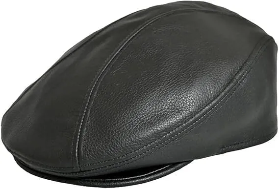 Classic Men's Newsboy Cap, Cow Leather Ascot Cap Ivy Hat for Men, Gatsby Golf Hat Driver Cabbies Flat Driver Black