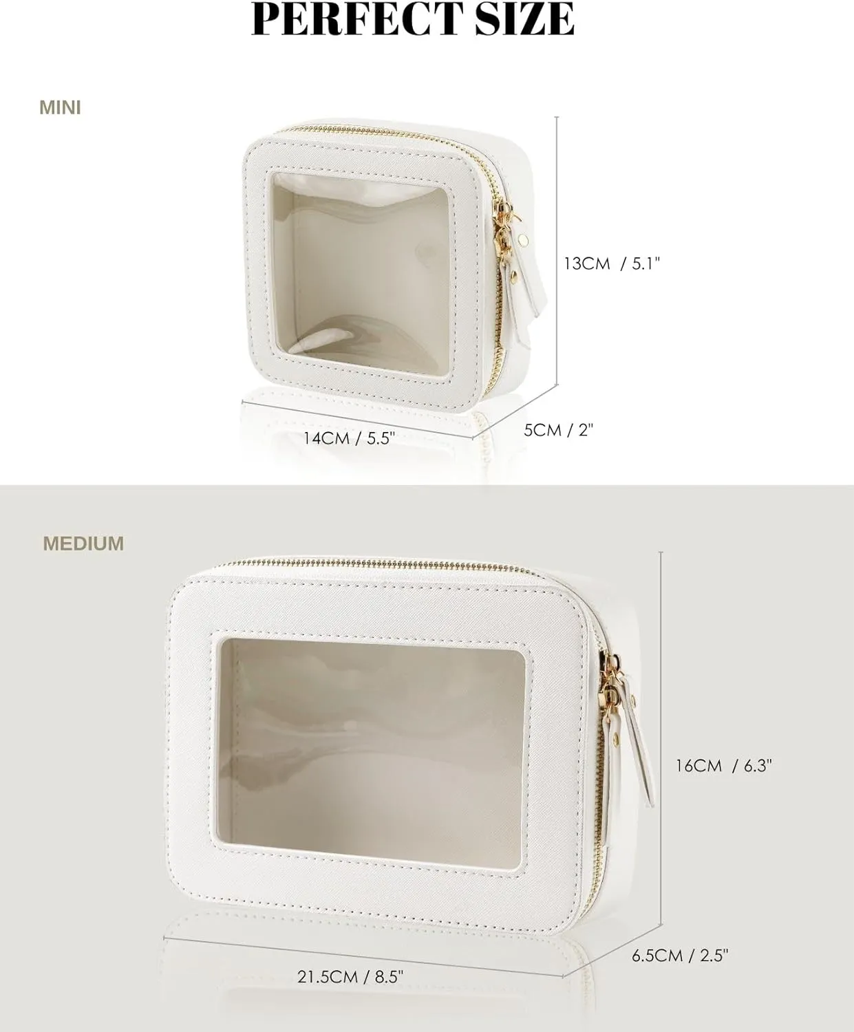 Clear Makeup Case, Durable Saffiano Faux Leather Travel Cosmetic Bag, Toiletry Bag with Visual Window & Dual Zippers, Travel Essentials for Women (White, Medium)