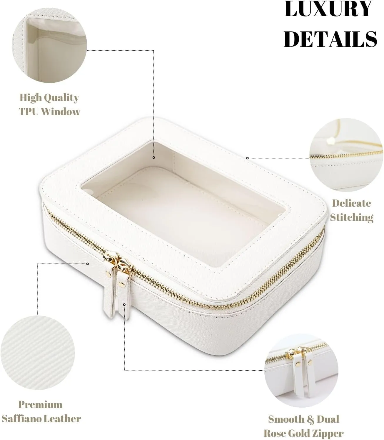 Clear Makeup Case, Durable Saffiano Faux Leather Travel Cosmetic Bag, Toiletry Bag with Visual Window & Dual Zippers, Travel Essentials for Women (White, Medium)