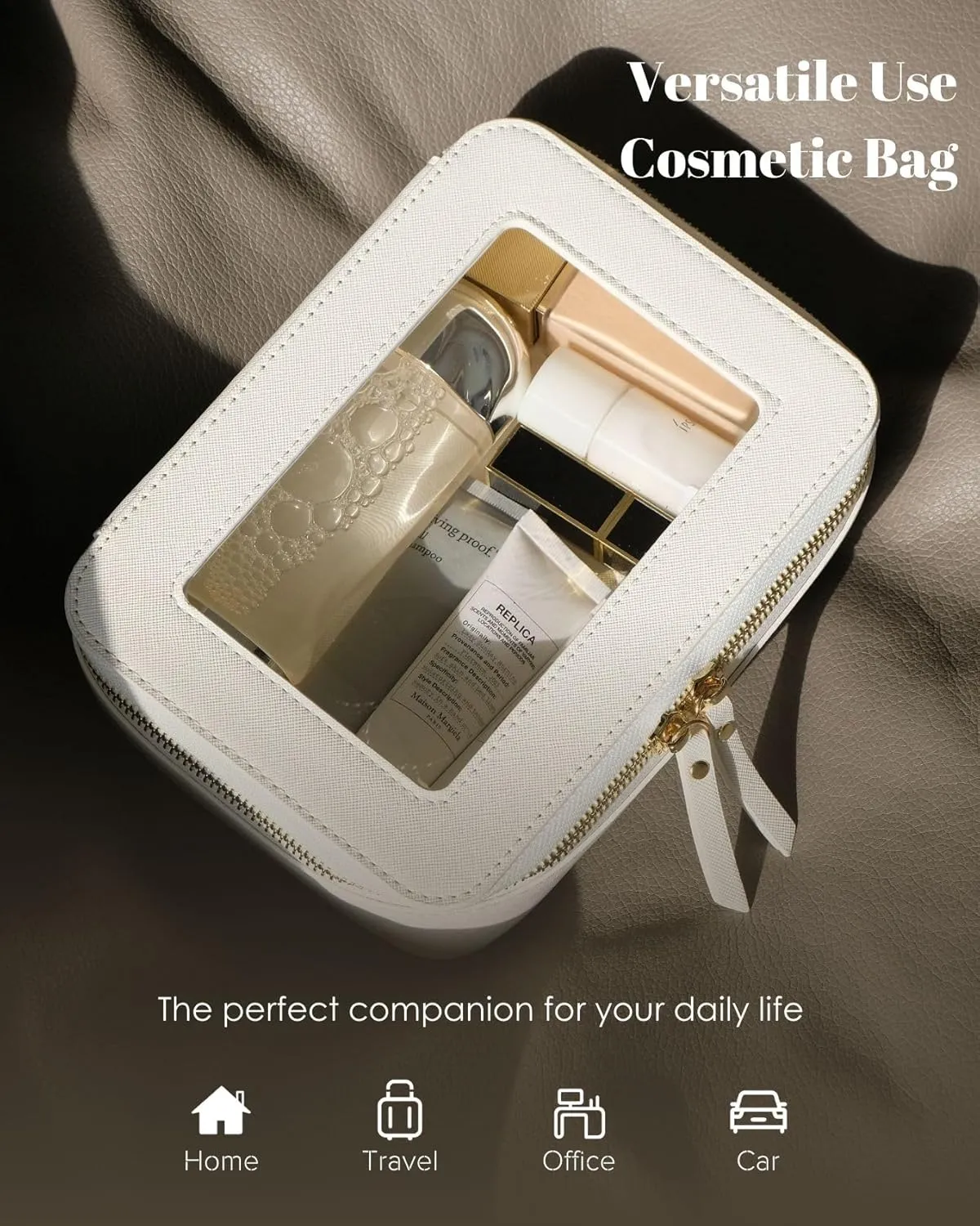 Clear Makeup Case, Durable Saffiano Faux Leather Travel Cosmetic Bag, Toiletry Bag with Visual Window & Dual Zippers, Travel Essentials for Women (White, Medium)