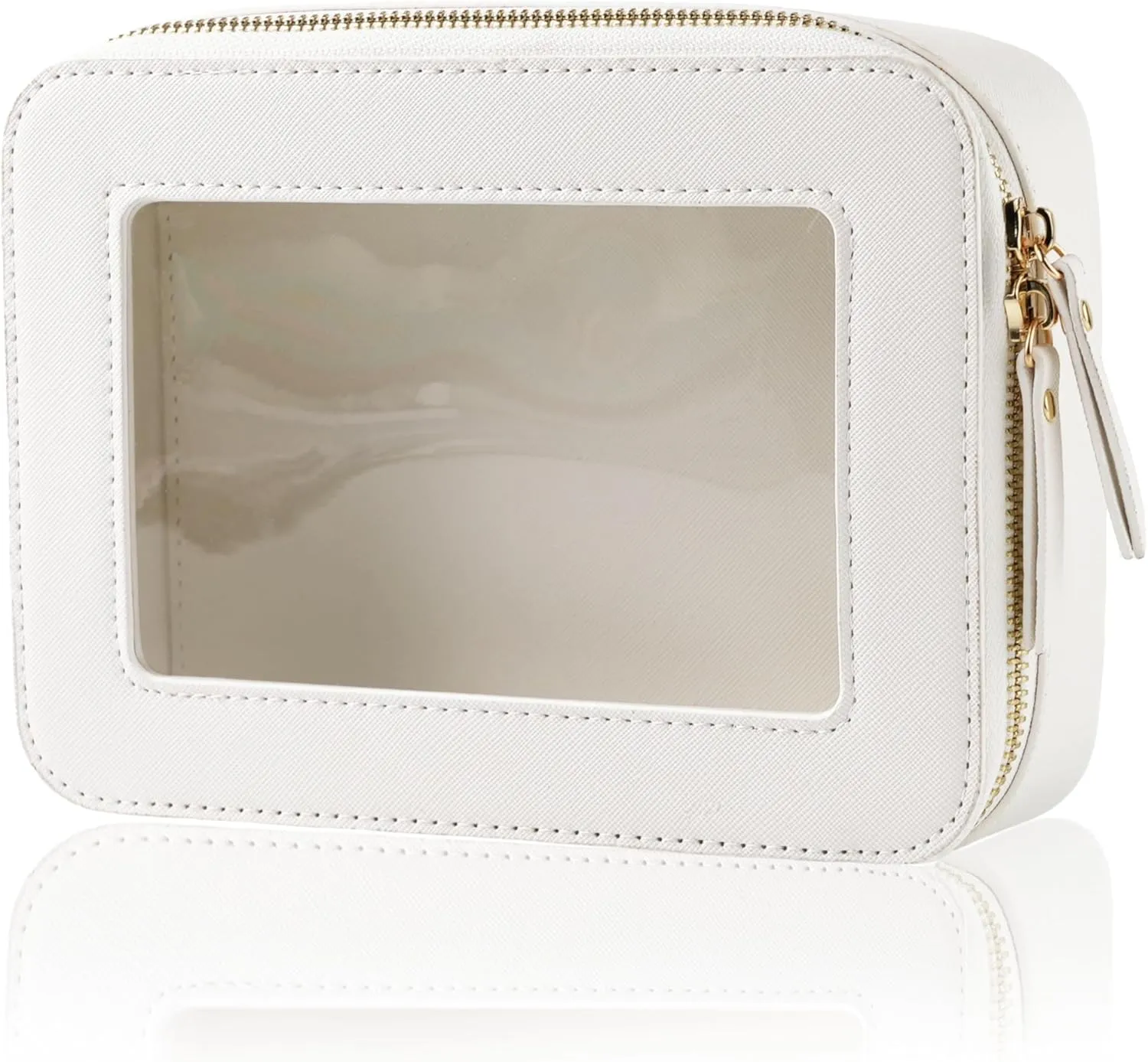 Clear Makeup Case, Durable Saffiano Faux Leather Travel Cosmetic Bag, Toiletry Bag with Visual Window & Dual Zippers, Travel Essentials for Women (White, Medium)