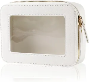 Clear Makeup Case, Durable Saffiano Faux Leather Travel Cosmetic Bag, Toiletry Bag with Visual Window & Dual Zippers, Travel Essentials for Women (White, Medium)