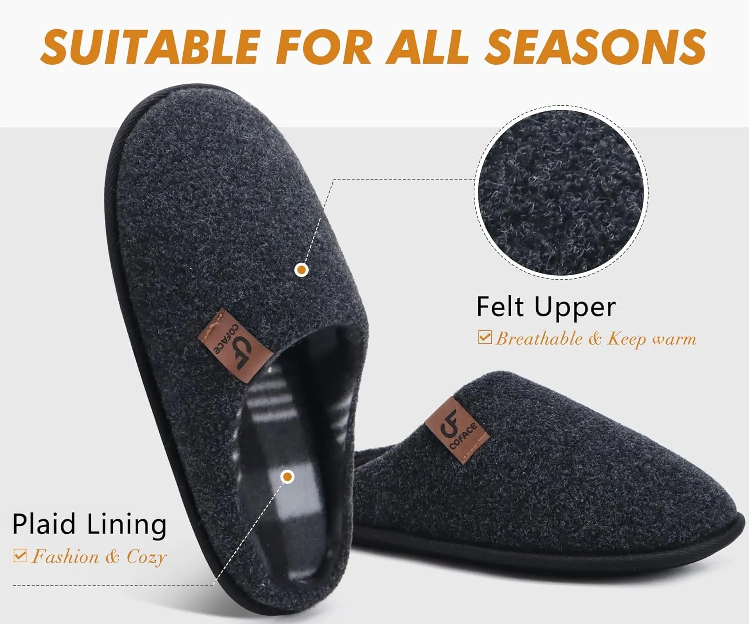 COFACE Unisex Mens Womens Cozy Memory Foam Scuff Slippers Casual Slip On Warm House Shoes Indoor/Outdoor Felt Sandal Slippers With Arch Support Rubber Sole Size 4-15