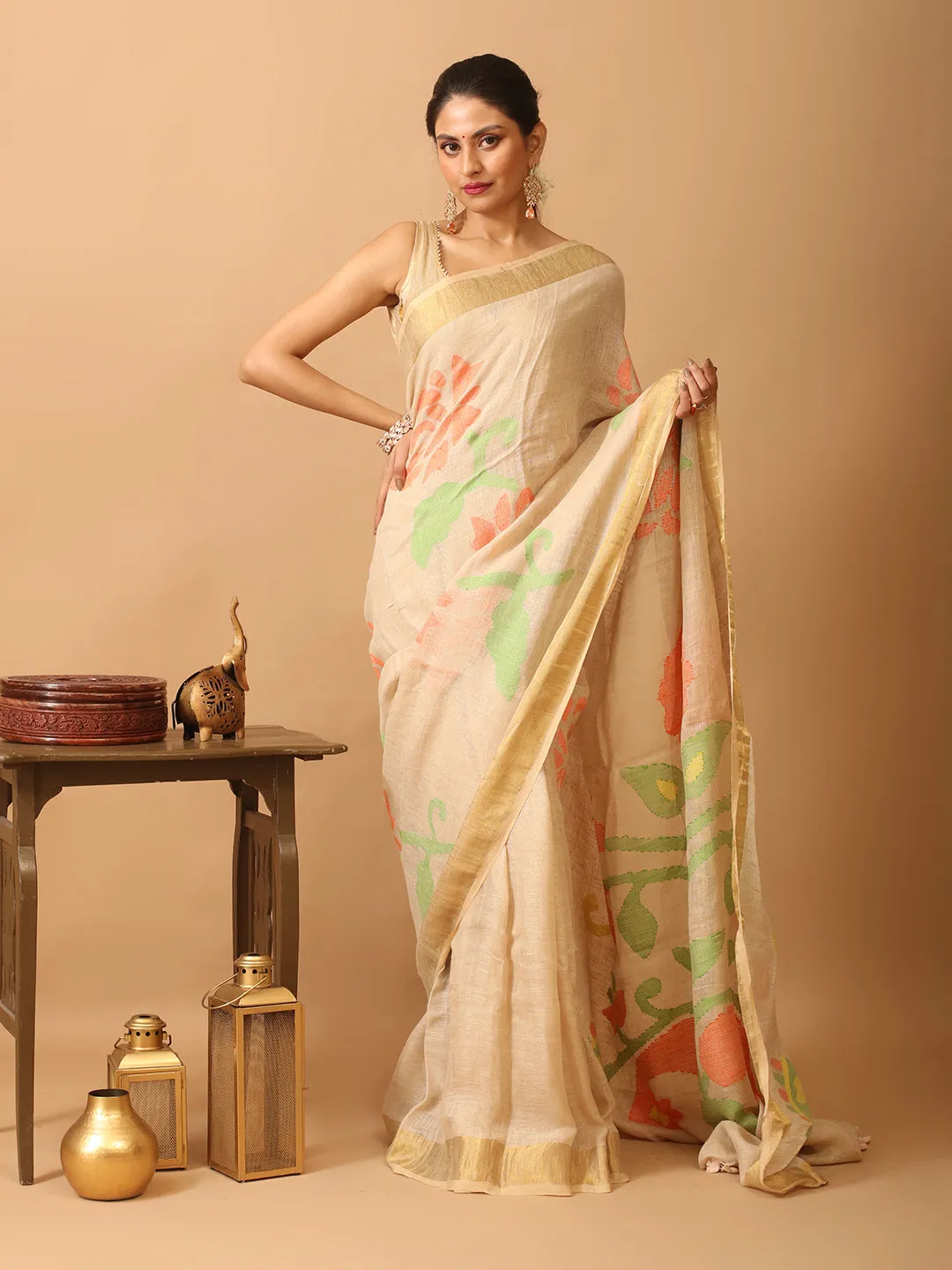 Colour Saree Sandal Hand Jamdani Linen Woven Feature-rich Impressive variety