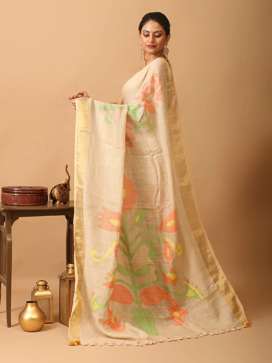 Colour Saree Sandal Hand Jamdani Linen Woven Feature-rich Impressive variety