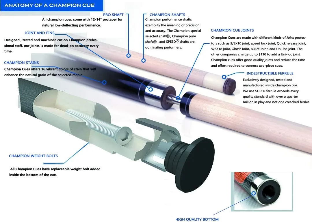 Combo Deal ! Champion Constellation Pool cue and Nemesis Jump and Break cue, Pro Taper,2X2 Cue Case, Two Champion Gloves