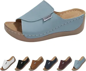 Comfortable Arch Support Slides Women's Solid Color Sandals Breathable Summer Orthotic Leather Platform Wedge Sandals Slip on Women All Day Walking Casual Sandal