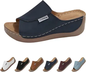 Comfortable Arch Support Slides Women's Solid Color Sandals Breathable Summer Orthotic Leather Platform Wedge Sandals Slip on Women All Day Walking Casual Sandal