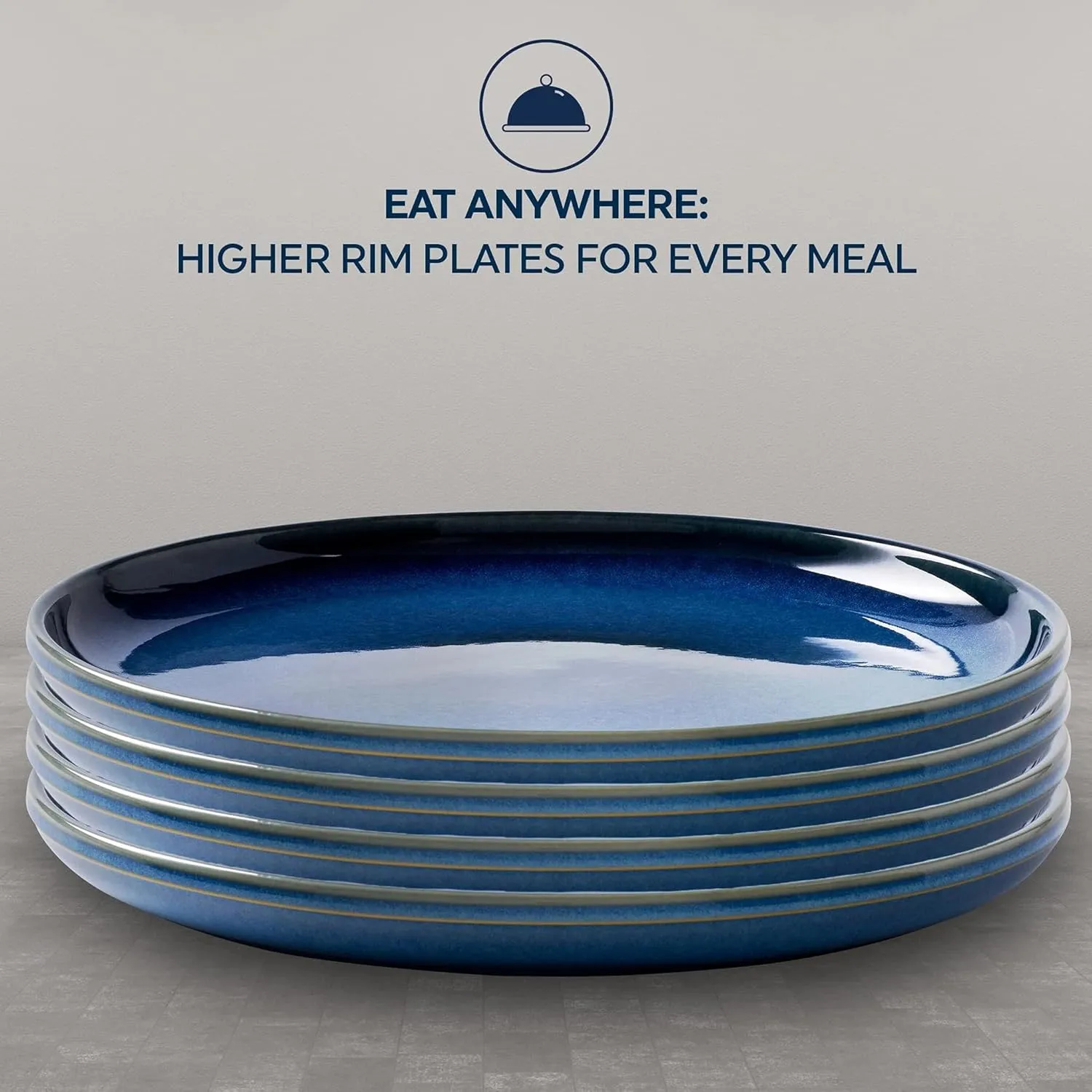 Corelle Stoneware 4-Piece Ceramic 10.5" Dinnerware Plate Set, High Edge Raised Rim Flat Dishes, Modern Rustic Handcrafted Artisanal Double Bead Glaze, Navy