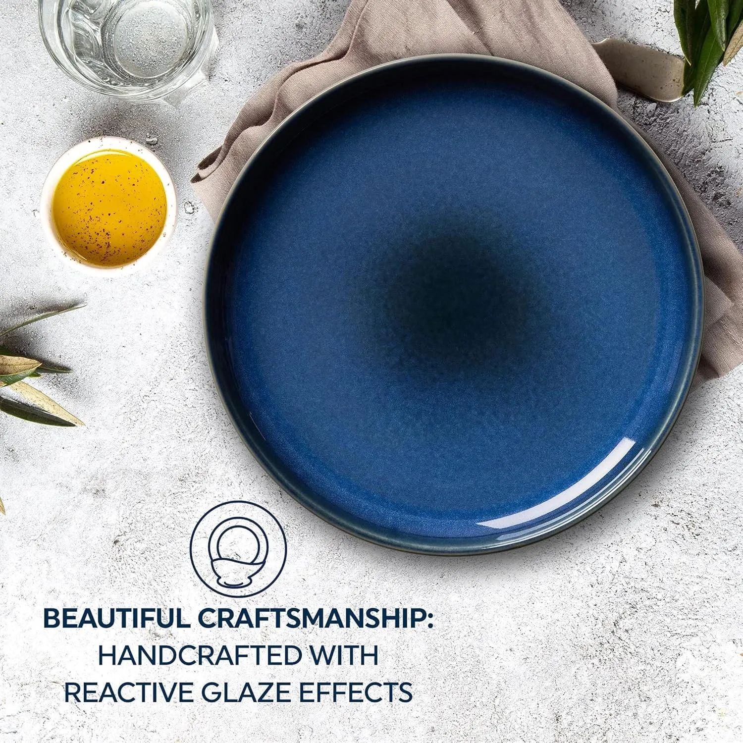 Corelle Stoneware 4-Piece Ceramic 10.5" Dinnerware Plate Set, High Edge Raised Rim Flat Dishes, Modern Rustic Handcrafted Artisanal Double Bead Glaze, Navy