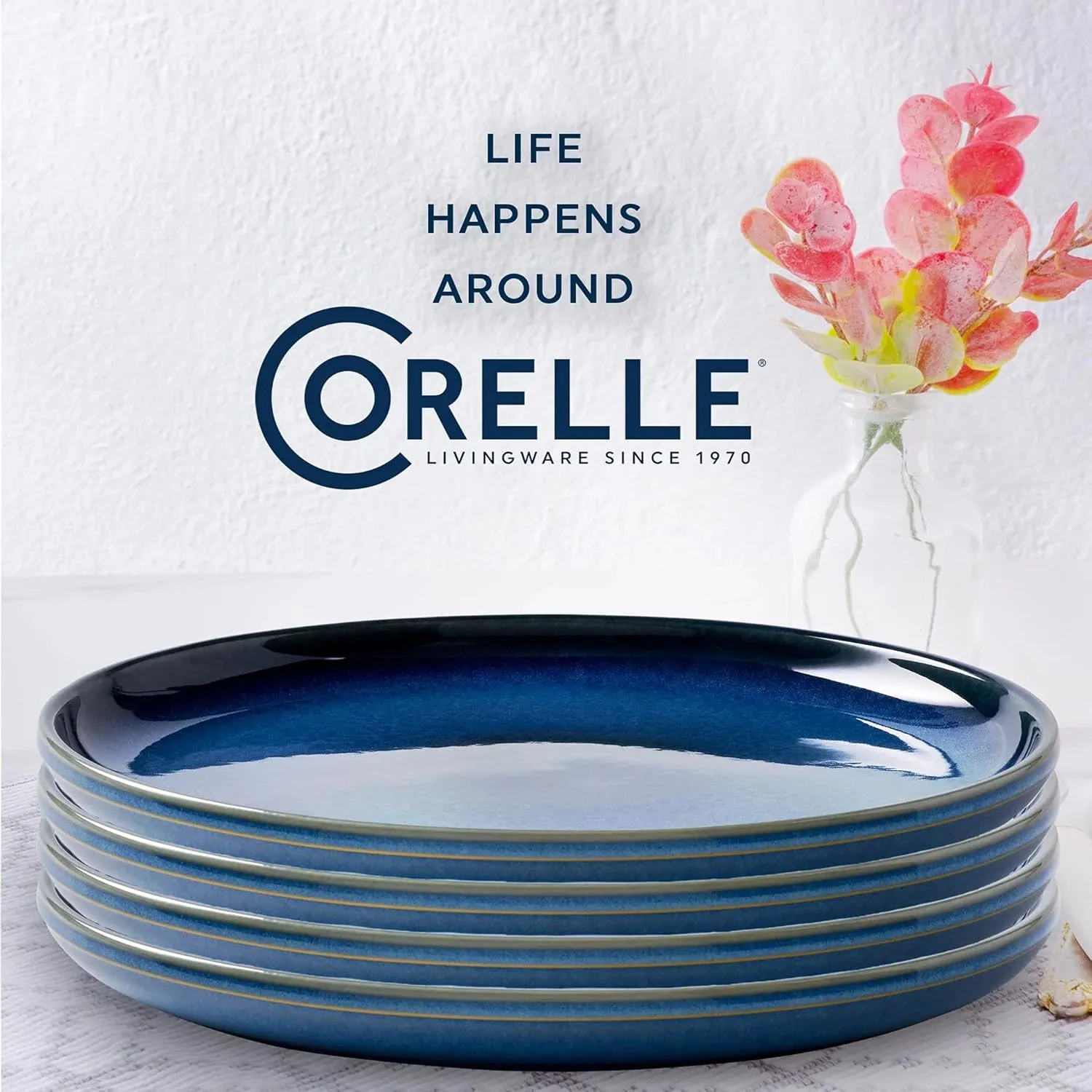 Corelle Stoneware 4-Piece Ceramic 10.5" Dinnerware Plate Set, High Edge Raised Rim Flat Dishes, Modern Rustic Handcrafted Artisanal Double Bead Glaze, Navy